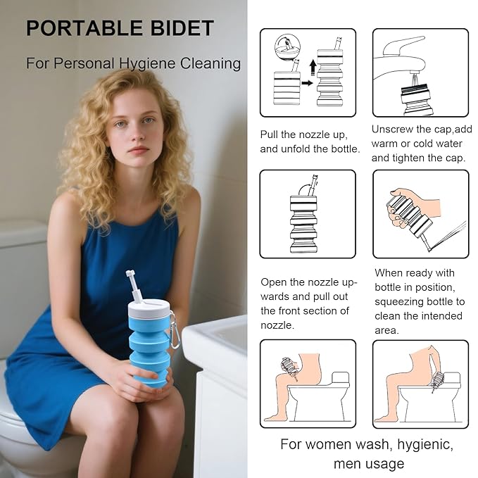Collapsible Handheld Bidet Portable With Retractable and Angle-Adjustable Nozzle,Hook,300ML,Silicone Peri Bottle For Personal Hygiene Cleaning,Outdoors Camping & Travel,Bidet Sprayer for Women Men 1Pc