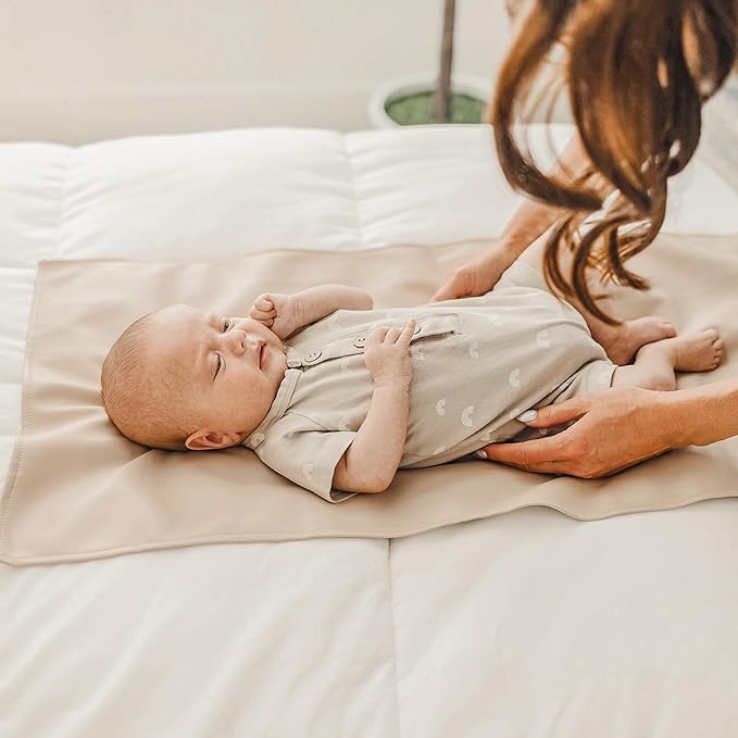 Konssy Faux Leather Baby Changing Mat, Waterproof, Wipeable & Portable Diaper Changing Pad for Travel or Home, Fits Perfectly in Diaper Bag, 30 x 17 inches (Blue,Beige)