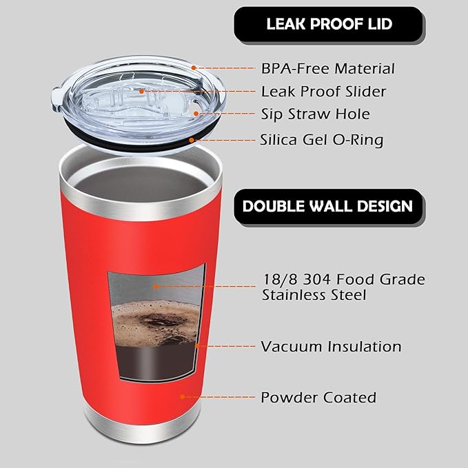 20oz Tumbler Bulk Stainless Steel Tumblers with Lid Vacuum Insulated Double Wall Travel Coffee Mug Powder Coated Tumbler Cup for Hot and Cold Drinks(Red, 1 pack)