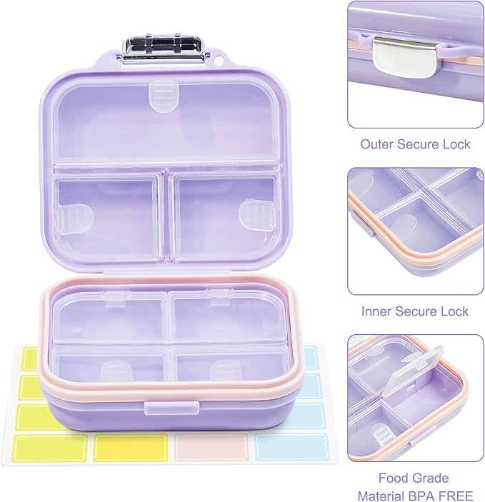 Travel Pill Organizer Box with Labels, 7 Compartments Portable Mini Pill Case, Daily Medication Organizer Storage Pill Container for Pocket Pharmacy(Purple, S)