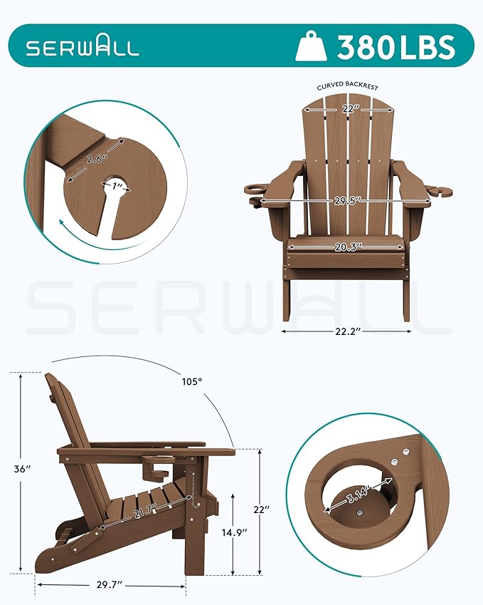 SERWALL Folding Adirondack Chair, Dual Cup Holders & All-Weather HDPE, Wood-Like Patio Chair for Backyard, Camping，Pool & Fire Pit- Brown
