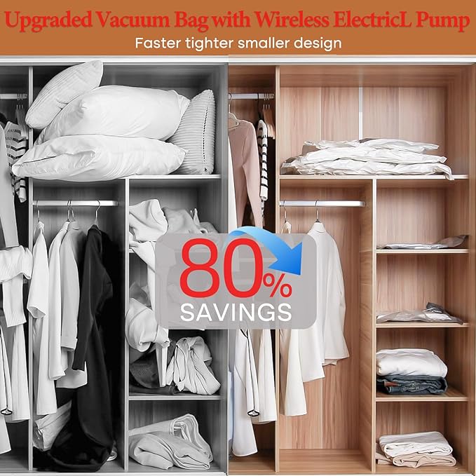 Vacuum Seal Bags for Clothing, 16 Pack Vacuum Storage Bags with Wireless Charging Air Pump(4J+4L+4M+4S), Space Saver Bags for Clothes Blanket Duvets Pillows Comforters Travel