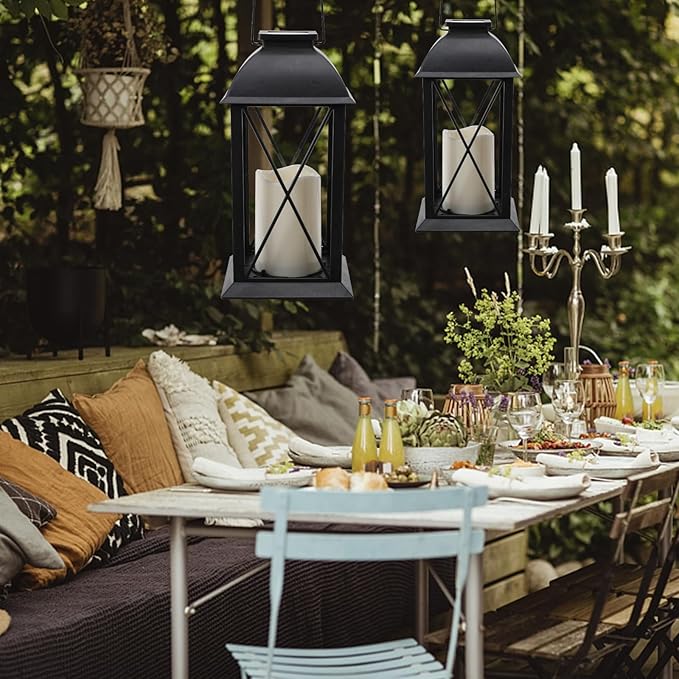 2 Pack Outdoor Solar Lantern 12" Battery Hanging Lanterns Waterproof Vintage Classics Flickering Flameless Candle Lanterns for Patio, Table, Party, Garden, Table, Kitchen