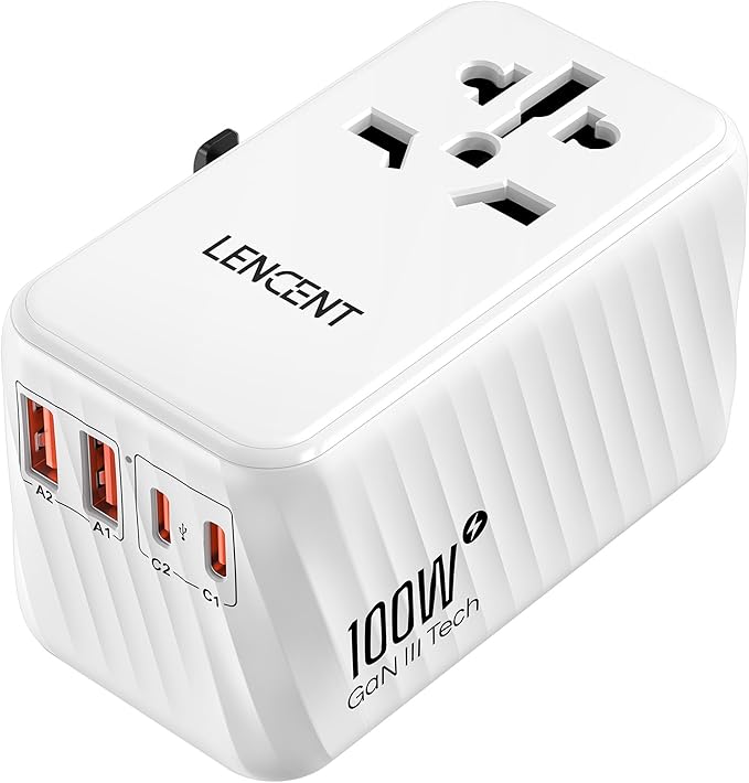 LENCENT Universal Travel Adapter, 100W GaN International Fast Charger with 2 PD3.0 Type C+2 QC USB A, Worldwide Power Adaptor for Phones,Laptops, All in One Travel Essentials for EU/USA/UK/AU, White