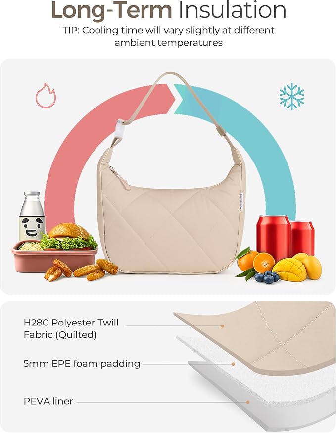 Quilted Lunch Bag for Women, Cute Insulated Lunch Tote with Adjustable Strap, Puffy Reusable Waterproof Cooler Bag, Stylish Bento Lunch Box for Work Picnic Travel, Beige