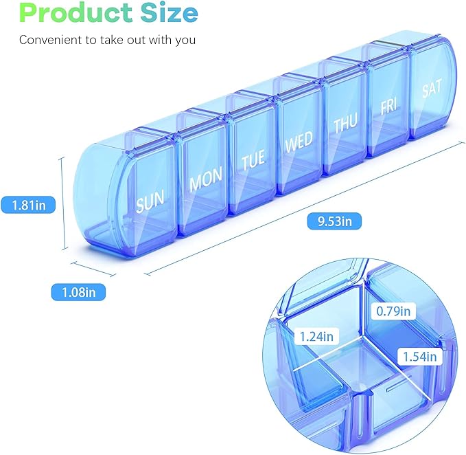 Extra Large Pill Organizer 2 Pack, XL Pill Box 7 Day, Weekly Pill Case with Large Capacity, Jumbo Organizer, BPA Free (Blue+Green)
