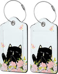 Smiling Black Cat Among Flowers 2 Pack Luggage Tag for Suitcase, Leather Bag Tags Identifiers Privacy Cover ID Label with Steel Loop for Women Men Kids Girls Travel