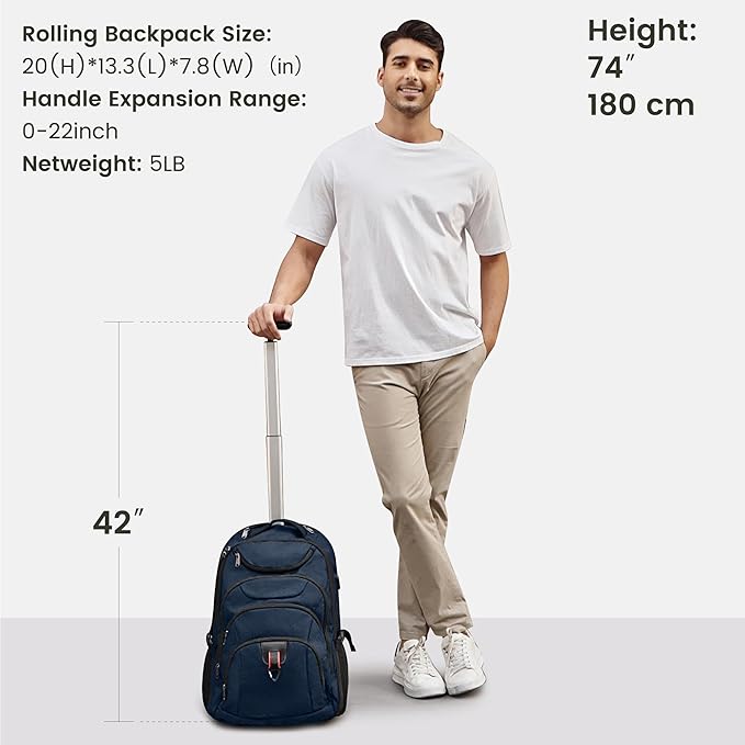 Boavan Rolling Backpack,17 inch Water Resistant Wheeled Backpack,Carry on Luggage Business Bag, Overnight College Computer bag Trolley Suitcase for Men Women Adults to Travel，Black