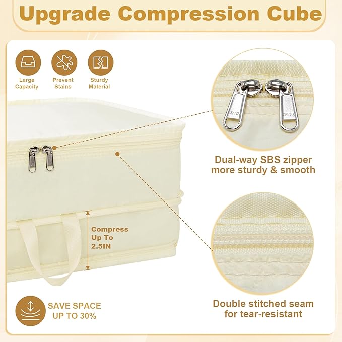 Extra Large Compression Packing Cubes for Travel Essentials, 2 Pack Expandable Travel Cubes for Packing Bags Suitcase Organizer, Beige
