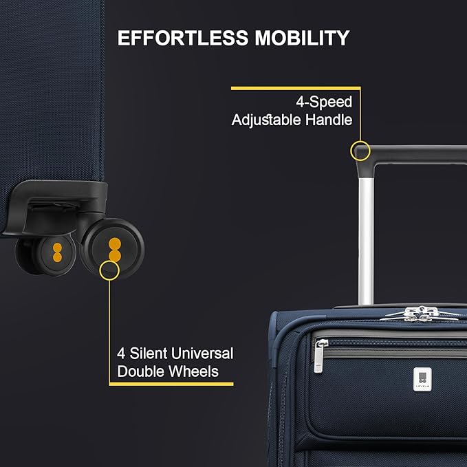 LEVEL8 Carry On Luggage Airline Approved with Compartment, Softside Expandable Rolling Suitcase with Spinner Wheels, Blue, Carry-On 20-Inch