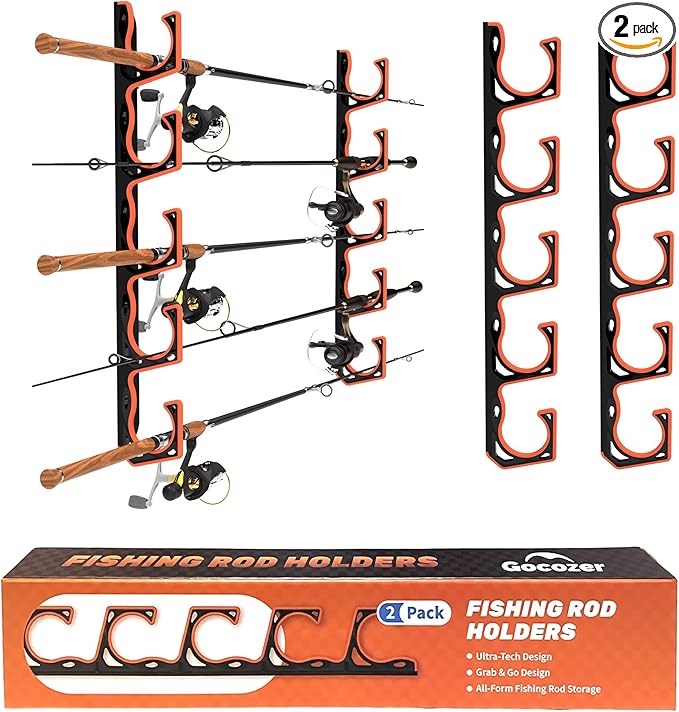 Fishing Rod Holder for Garage, H5 Wall or Ceiling Mounted Fishing Pole Holders with Soft Protective Pad, Fishing Rod Storage Organizer, Horizontal Fishing Rod Wall Mount Nets Storage (2 PACK)