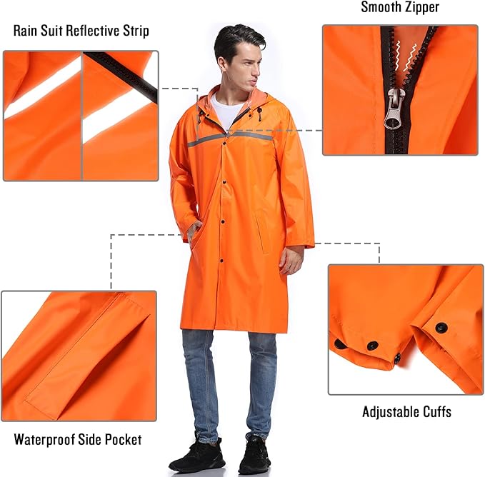 Mens Long Hooded Safety Rain Jacket Waterproof Emergency Raincoat Poncho