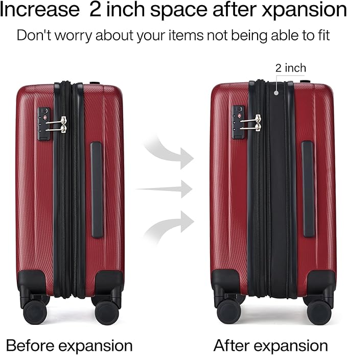 Hanke 24 Inch Expandable Checked Luggage Lightweight PC Hard Case Luggage Suitcases with Wheels TSA Luggage Rolling Large Suitcase Travel Luggage Bag for Go to University(Burgundy)