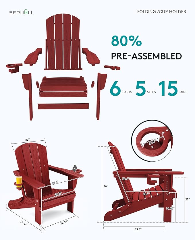 SERWALL Adirondack Chair with Cup Holders - Composite Adirondack Chairs HDPE Outdoor Chairs All Weather Use- Dark Red