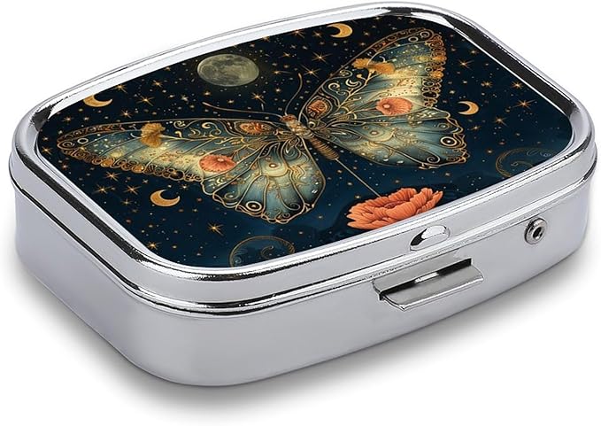 Metal 2 Compartment Pill Organizer Travel Friendly Portable Compact Pill Box Cute Pill Case to Hold Vitamins,Fish Oil,Supplements,Meds,Tablet for Purse,Pocket. (Butterflies in The Night)