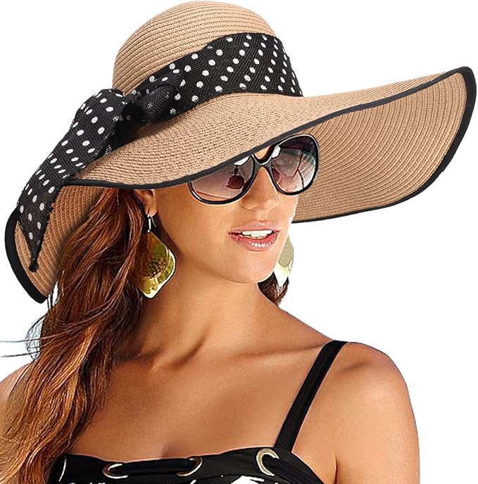 DRESHOW Beach Hats for Women Big Straw Wide Brim Summer Hat Floppy Foldable Roll up Cap Sun Hat UPF 50+