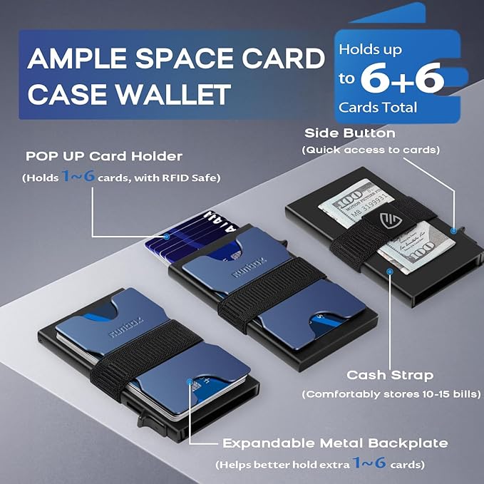 Mens Business Card Holder, Slim Card Wallet for Men and Women, Minimalist RFID Blocking Wallet with Pop-Up Function, Thin Design, Metal Cases Holds 6+6 Cards, Gifts for Men, Men's Accessories