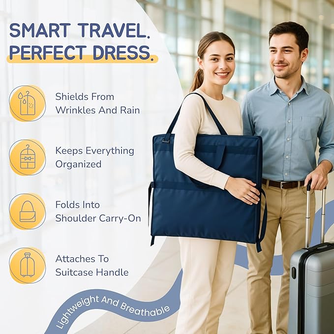 Sturdy Oxford polyester fabric - 72" Wedding Dress Garment Bag - Shoulder Strap - Accessory Pockets - Attaches to Suitcase – Waterproof – Trifold – Designed for Full Skirts – Carry Handle