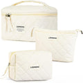 Makeup Bag 3 PCS Cosmetic Bags for Women, Large Travel Make up Bag Set Cute Cotton Toiletry Bag Organizer Pouch for Purse, Beige