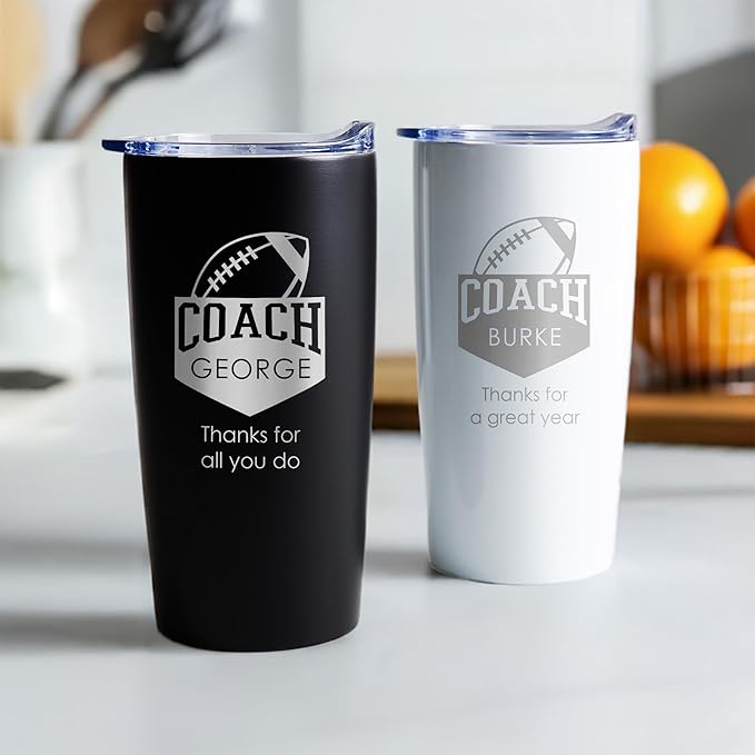 Lifetime Creations Personalized Football Coach Tumbler: Custom Football Coach Gift, Coaches Coffee Travel Mug from Team, Insulated Engraved Stainless Steel 20 Ounce Cup (White)