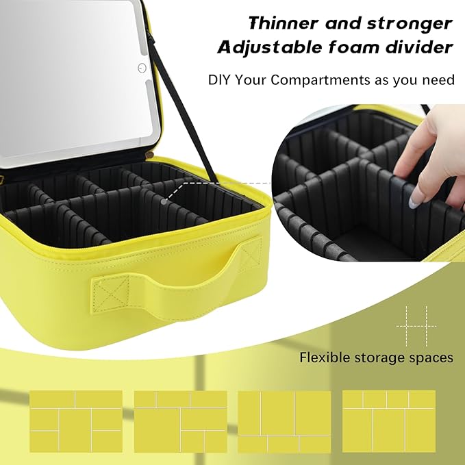 Makeup Bag with Led Mirror,Travel Makeup Organizer with 3 Color Setting, Portable Storage and Adjustable Dividers Travel Makeup Bag(yellow)