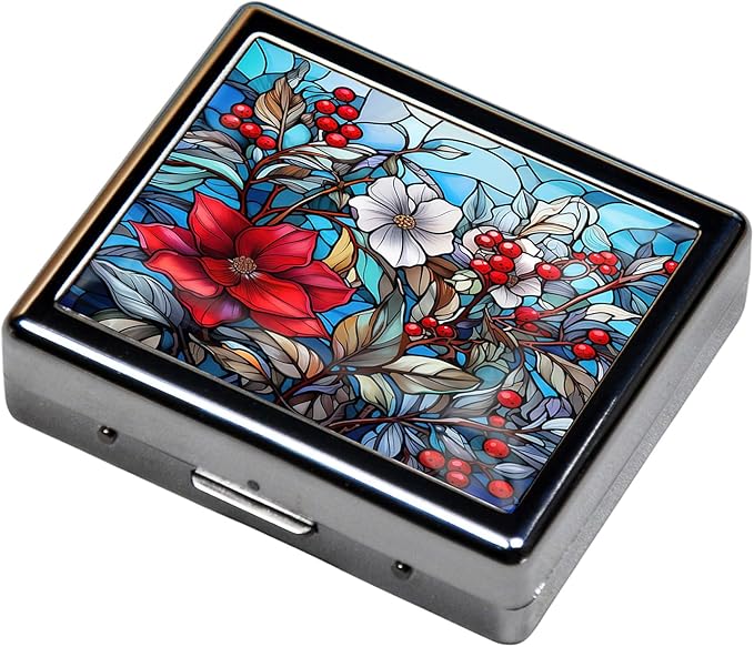 Silver Vintage Pill Box 7 Day Metal Pill Box with Mirror and 8 Compartments Cute Travel Pill Organizer for Purse (Stained Glass Flowers)
