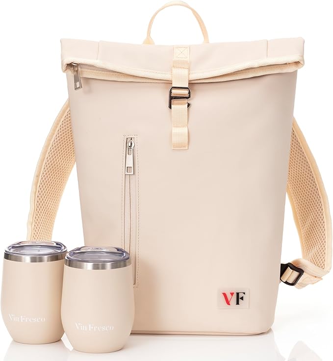 Two Bottle Rolltop Wine Tote Bag – Stylish PU Leather Wine Backpack with Matching Tumblers – Compact & Lightweight Wine Carrier with Padded Straps & Compartments for Travel & Picnics - Beige