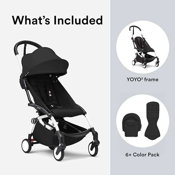 Stokke YOYO3 Stroller from 6 Months - Includes White Frame/Black Seat Cushion + Canopy - Folds in & Out in a Flash - Light & Compact - Carry-On Compatible