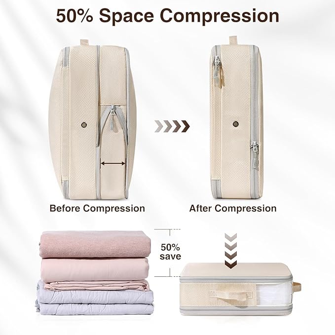 DIMJ Clothes Storage Bag 4 Pack, 19L Small Storage Bags for Sweater, Closet, Sheet Storage Organizer with Window, Compression Organizer Space Saver Storage Bags with Zipper, Beige