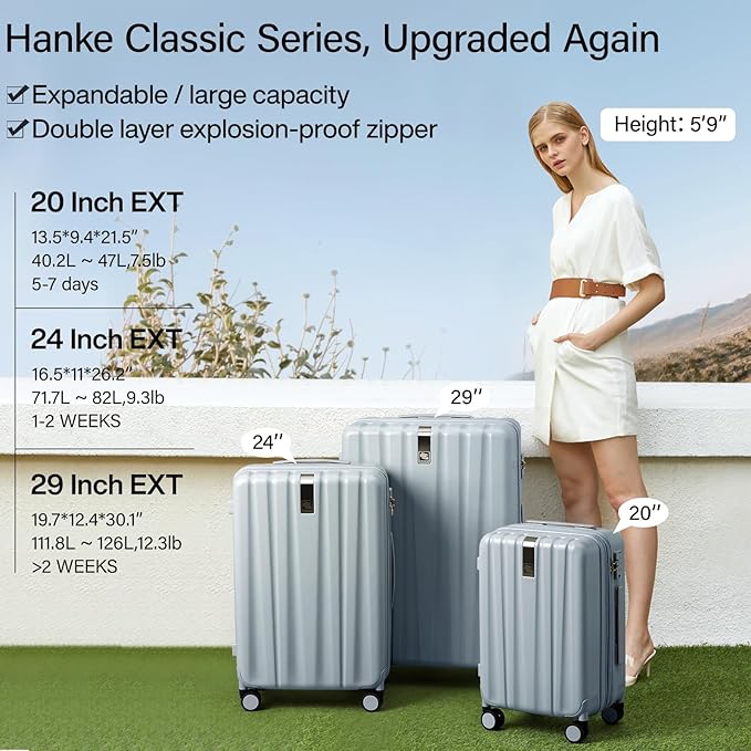 Hanke Expandable Hard Shell Luggage Sets 2 piece Carry On Luggage with Wheels Suitcases Lightweight Checked Travel Luggage Rolling Large Suitcase Travel Luggage Bag Woman Men 20/29 Inch(Gray)