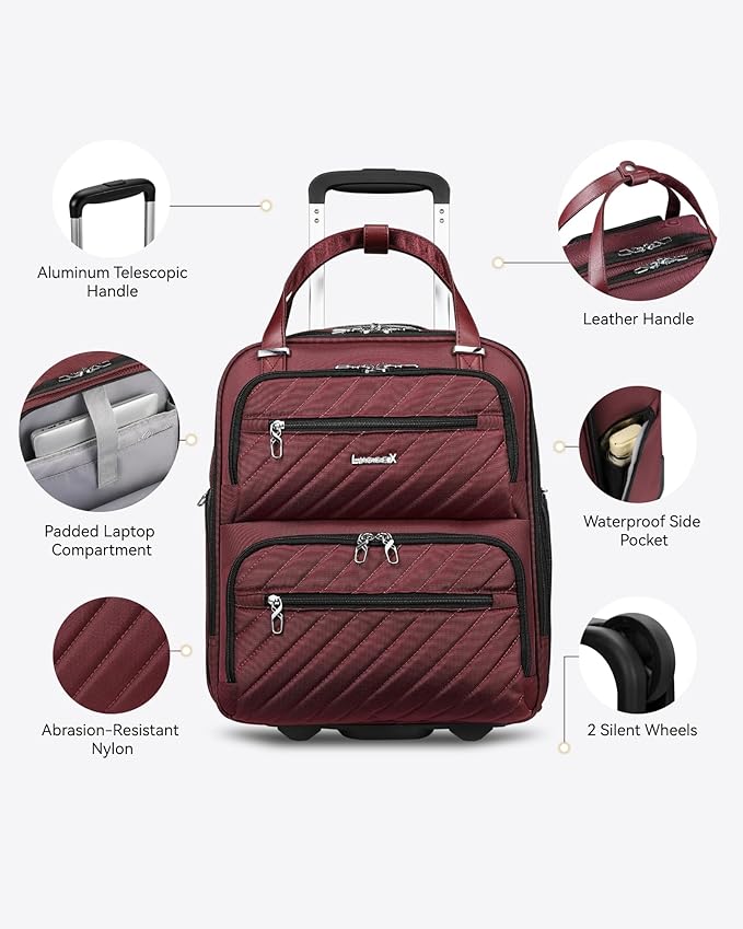 LUGGEX Underseat Carry On Luggage with Wheels, Stylish Lightweight Under Seat Luggage, Soft Sided Personal Item Suitcase for Short Trip (Dark Scarlet, 16 Inch)