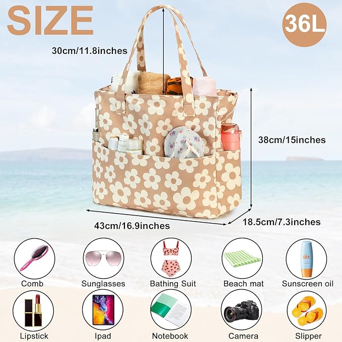 CAMTOP Waterproof Beach Tote Bag for Women Girls with Zipper Foldable Sandproof Pool Swim Bag Travel Carry On Gym