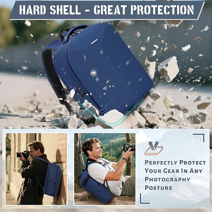 RAINSMORE Camera Backpack Hard Shell for DSLR/SLR Waterproof Camera Bag with Laptop Compartment 15.6 Inch Professional Camera Case with Rain Cover Photography Backpack Bag with Camera Lens Case Blue