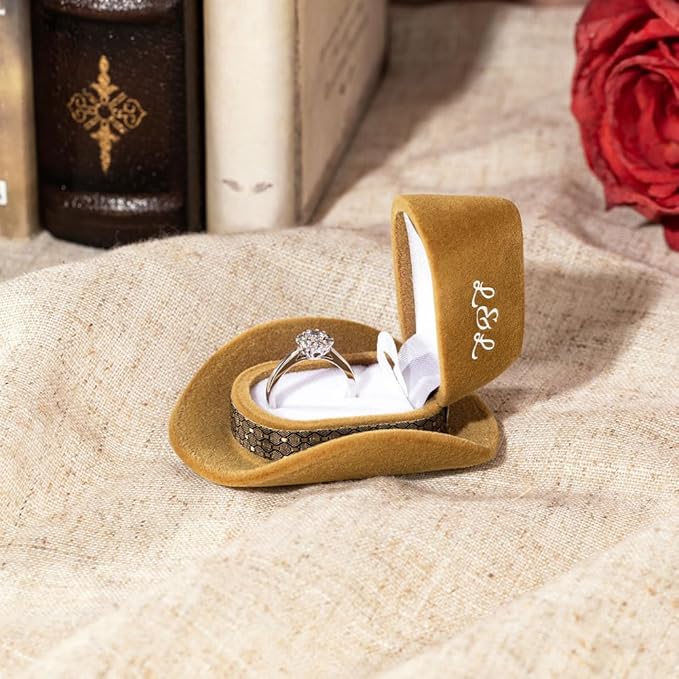 Custom Vintage Brown Cowboy Hat Jewelry Box - Decorative Ring Holder for Wedding and Engagement Rings - Elegant Storage Case and Gift for Western-Themed Ceremonies and Proposals