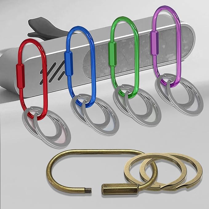 Key Chain, Brass Key Rings 2 Pack Screw Lock Key Organizer with 4 Rings Carabiner Keychain Clip for Men and Women