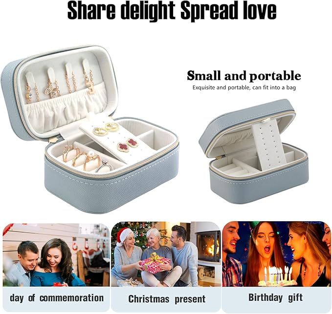 Small Jewelry Travel Case For Womens Small Rectangle PU Leather Jewelry Box With Zipper 2.56" H Portable Travel Jewelry Case For Earring Rings Necklaces Bracelets Blue Jewelry Gifts Box
