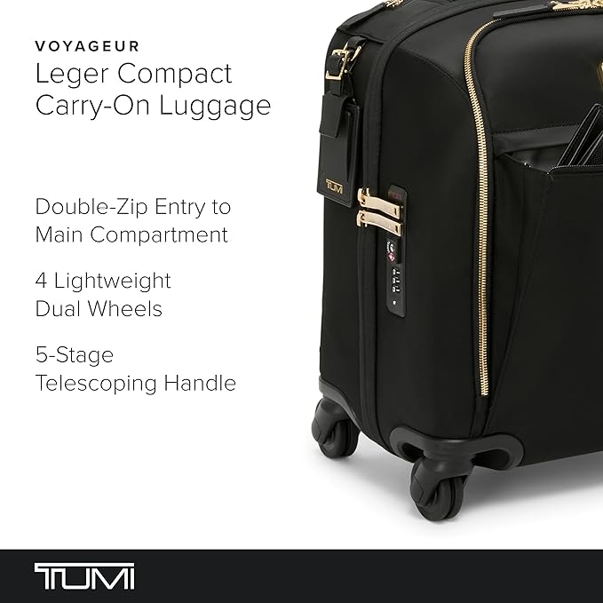 TUMI - Voyageur Leger 4 Wheeled Luggage - Women's Lightweight and Spacious, Sleek Silhouette, Durable Premium Suitcase - 16" Compact Carry-On, Black with Gold Hardware