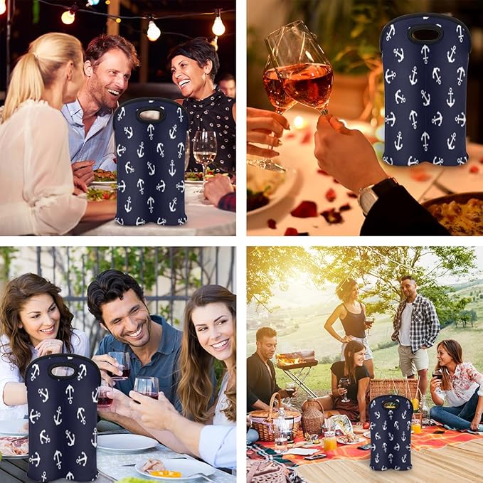 Nautical Anchors 2 Bottle Wine Carrier Tote Bag Insulated Wine Bottles Neoprene Bag with Secure Carry Handle Portable Wine Cooler Bag for Travel Picnic Beach