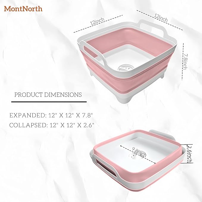 Collapsible Wash Basin 9L, Foldable Dish Tub with Drain Plug, Portable Collapsible Dish Basin, Camping Sink for Washing Dishes, Laundry & Kitchen Use (Pink)