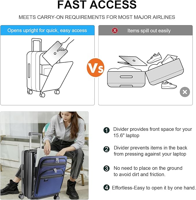 KROSER Hardside Expandable Carry On Luggage 22x14x9 Airline Approved With Front Business Pockets, 20 Inch Suitcases with Wheels, Carry on Suitcase with TSA Lock & USB Port, Black-Haze Blue