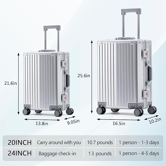 YYW Aluminum Carry-On Luggage Airline Approved Lightweight Suitcase with TSA Lock and Silent Wheels Hardshell Spinner Business Travel (Silver, 20in)