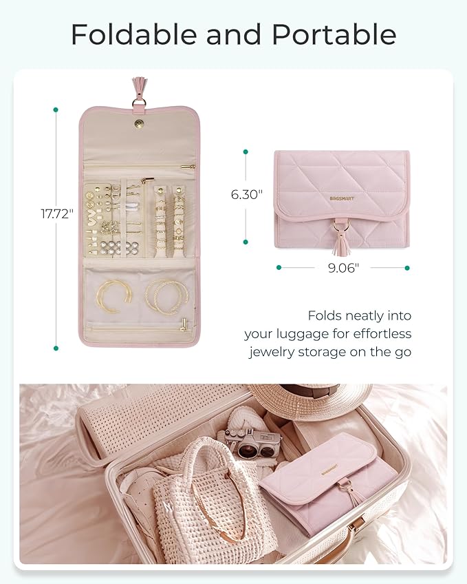BAGSMART Travel Jewelry Organizer for Women, Foldable Jewelry Storage Roll for Earrings, Necklaces, Bracelets, Earrings, Brooches, Fashion Black