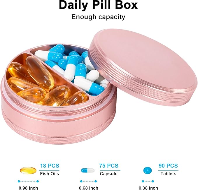 Metal Pill Case 2 Compartment - Waterproof Pill Box for Daily Travel, Pocket Purse Pill Container Holder Compact Medicine Organizer for Vitamins Fish Oils Medication