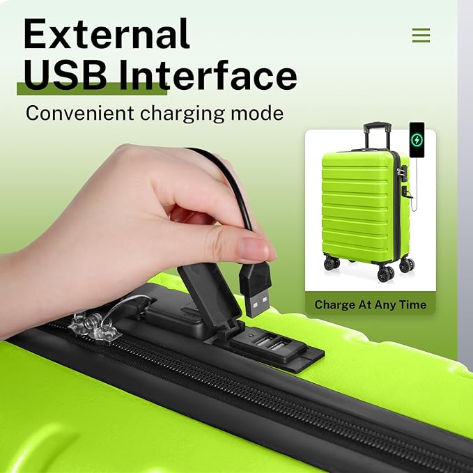 AnyZip Suitcase, 20" Carry On Luggage 14" Mini Cosmetic Cases Luggage Sets Hardside PC ABS Lightweight USB Suitcase with Wheels TSA (2 Piece Set 14/20, AppleGreen)