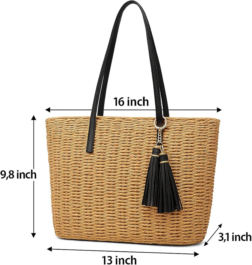 YXILEE Straw Bags For Women | M Size Travel Straw Totes Bag Woven Summer Handmade Shoulder Bag Handbag