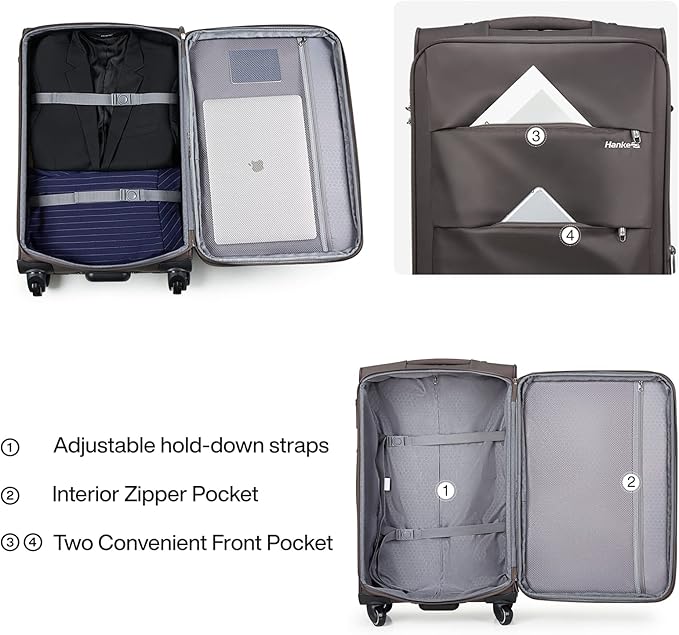 Hanke 20/28 Inch 2 Piece Luggage Sets with Spinner Wheels Expandable Luggage Large Suitcases with Wheels Lightweight Travel Luggage Rolling Suitcase with Lock Softside Checked Luggage.(Coffee)