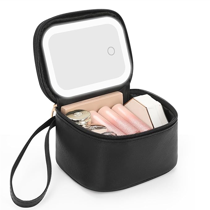Relavel Mini Makeup Bag with Led Mirror, Small Cosmetic Bag with 3 Light Modes, Rechargeable Portable Makeup Pouch with Hands-Free Wrist Strap for Pool Parties丨Work Touch-Ups丨Travel - Black