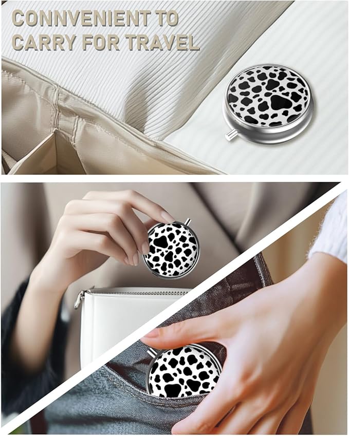 Pill Box, 3 Compartment Portable Travel Medicine Box with Mirror, Compact and Cute, Fits in Purse and Pocket, Medicine and Vitamin Organizer (Cow)