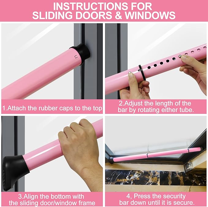 Rerishom Door Security Bar, Door Stoppers Security bar,Heavy Duty Door Lock Security Door Jammer Door Stopper for Apartment, Hotel Room,Screen Door Hardware, Gate Lock Bar(2 Pack,Pink)