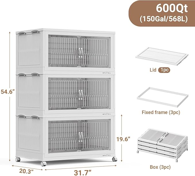 BROVIEW 600Qt Extra Large Stackable Storage Bins with Lid, Closet Organizer Collapsible Drawer Boxes with Wheels, Folding Plastic Cabinet Containers for Home Kitchen Room Organization, 3Pack White